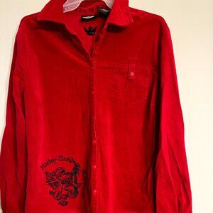 Harley Davidson Women’s XL Corduroy Button Lion Crown Embroidery Red Shirt